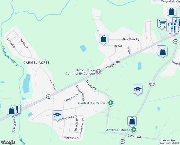map of restaurants, bars, coffee shops, grocery stores, and more near 10613 Hooper Road in Baton Rouge