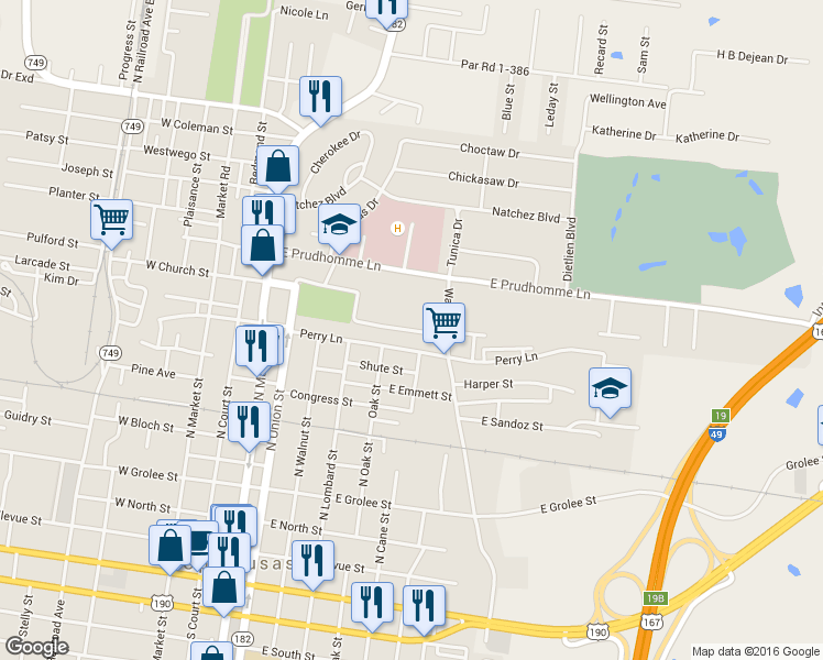 map of restaurants, bars, coffee shops, grocery stores, and more near 598 Broussard Drive in Opelousas