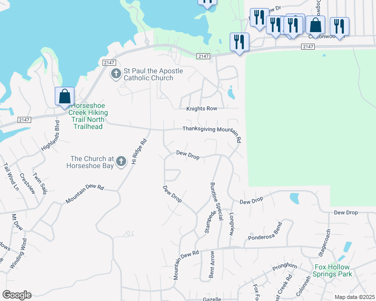 map of restaurants, bars, coffee shops, grocery stores, and more near 1300 Dew Drop in Horseshoe Bay