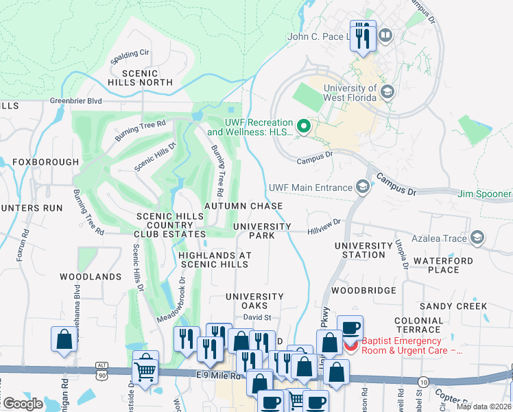 map of restaurants, bars, coffee shops, grocery stores, and more near 10030 Autumn Lane in Pensacola