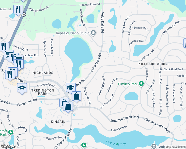 map of restaurants, bars, coffee shops, grocery stores, and more near 2964 Whirlaway Trail in Tallahassee
