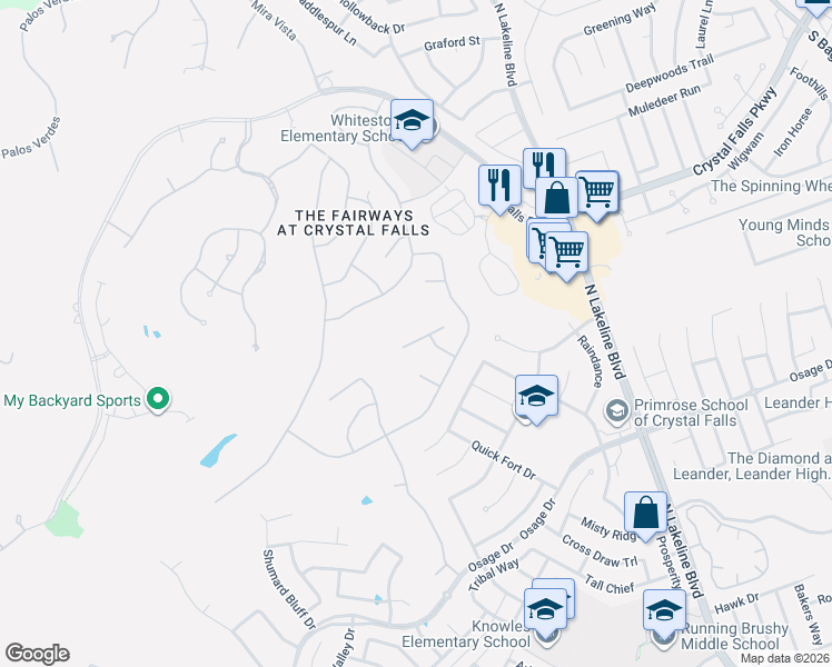 map of restaurants, bars, coffee shops, grocery stores, and more near 1905 Leaders Lane in Leander
