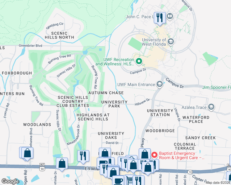map of restaurants, bars, coffee shops, grocery stores, and more near 10030 Autumn Lane in Pensacola