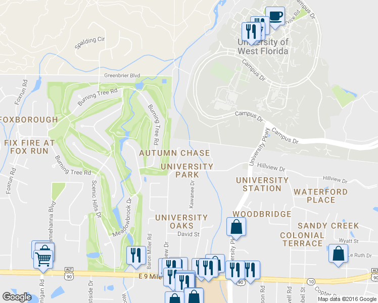 map of restaurants, bars, coffee shops, grocery stores, and more near 10030 Autumn Lane in Pensacola
