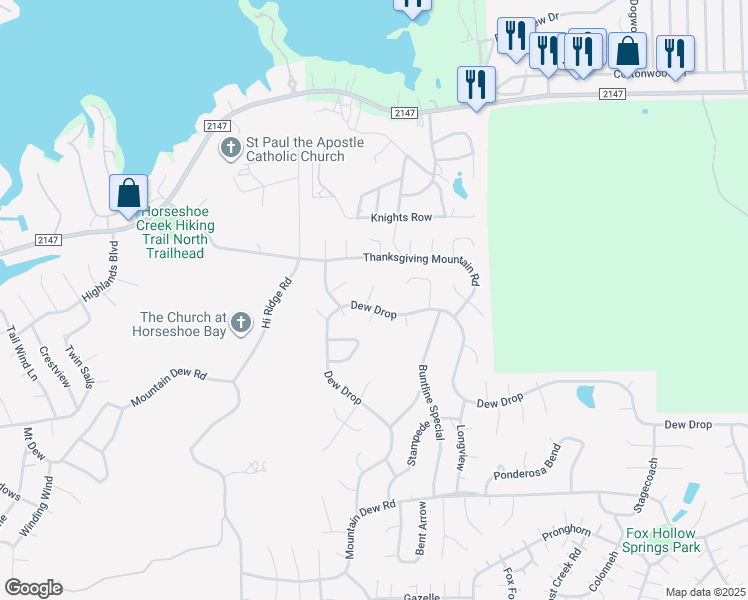 map of restaurants, bars, coffee shops, grocery stores, and more near 1300 Dew Drop in Horseshoe Bay