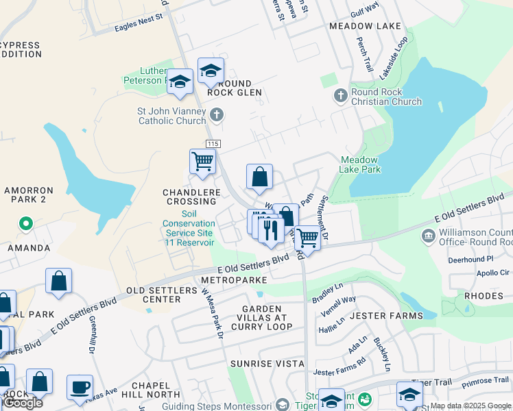 map of restaurants, bars, coffee shops, grocery stores, and more near 901 Wilderness Path in Round Rock