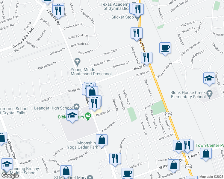 map of restaurants, bars, coffee shops, grocery stores, and more near 2616 Byfield Drive in Cedar Park