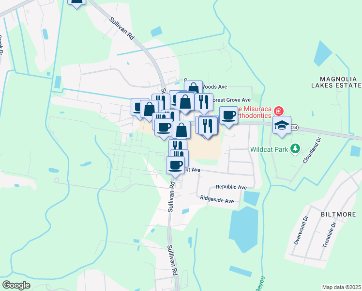 map of restaurants, bars, coffee shops, grocery stores, and more near 10218 Sullivan Road in Baton Rouge