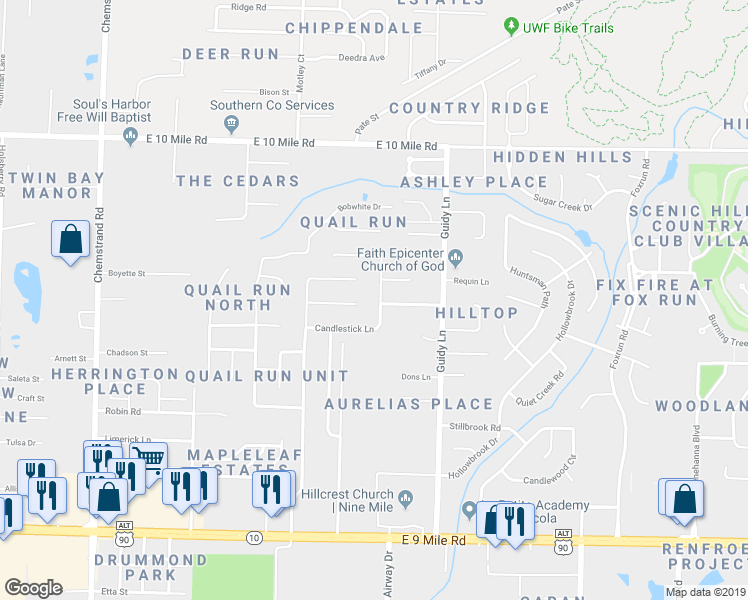 map of restaurants, bars, coffee shops, grocery stores, and more near 10041 Candlestick Lane in Pensacola