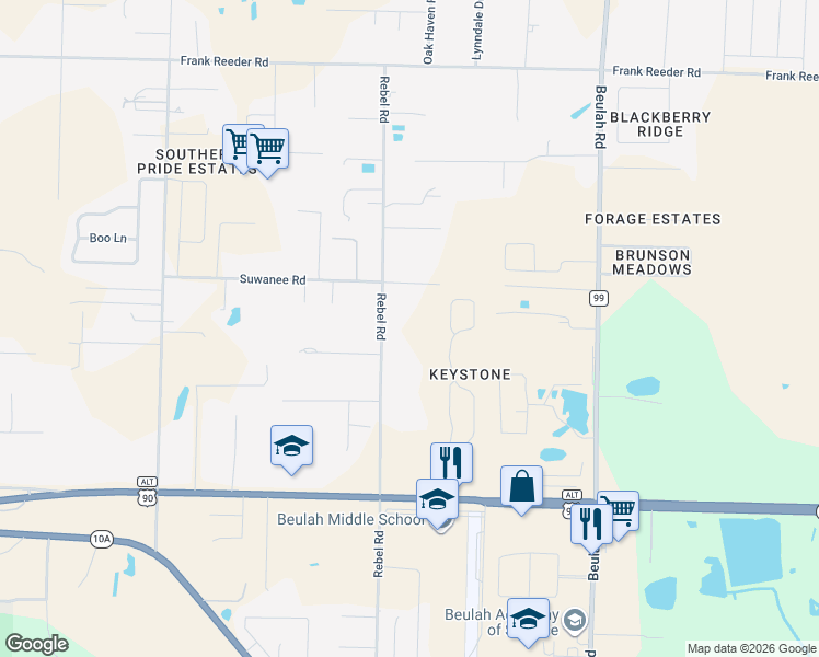 map of restaurants, bars, coffee shops, grocery stores, and more near 9870 Rebel Road in Pensacola