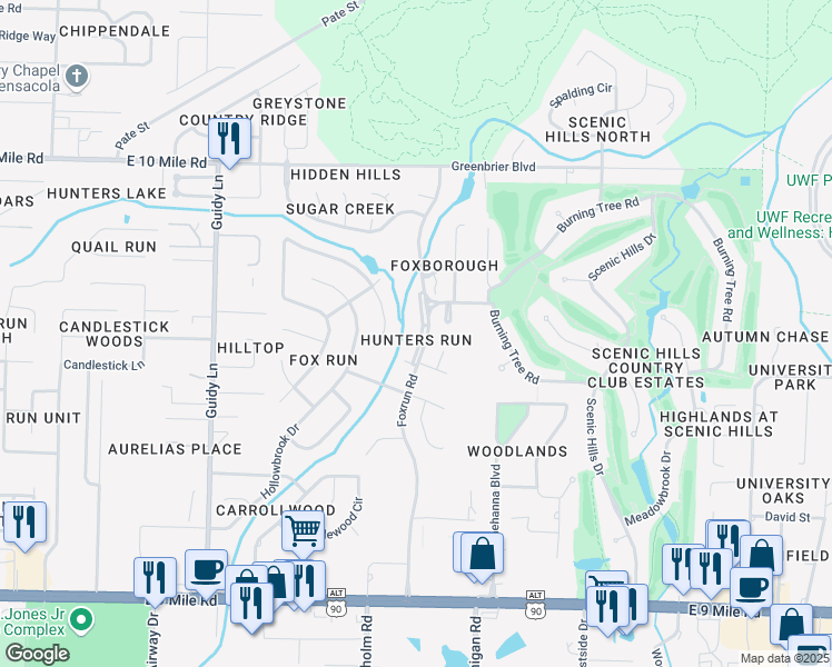 map of restaurants, bars, coffee shops, grocery stores, and more near 10031 Foxrun Road in Pensacola