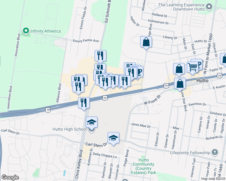 map of restaurants, bars, coffee shops, grocery stores, and more near 608 U.S. 79 in Hutto