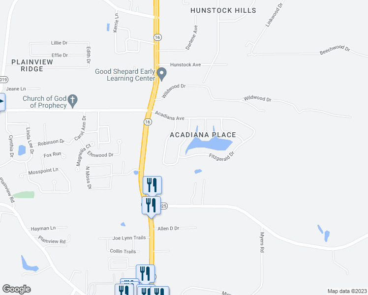 map of restaurants, bars, coffee shops, grocery stores, and more near 32763 Faulkner Drive in Denham Springs