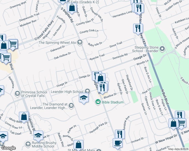 map of restaurants, bars, coffee shops, grocery stores, and more near 804 Osage Drive in Leander