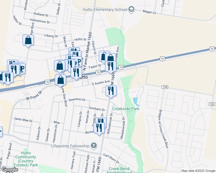 map of restaurants, bars, coffee shops, grocery stores, and more near 104 Orgain Street in Hutto