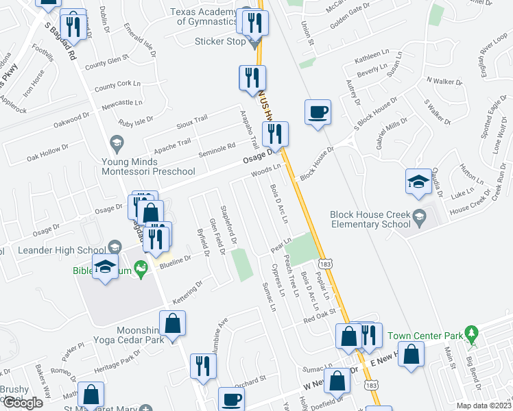 map of restaurants, bars, coffee shops, grocery stores, and more near 2604 Cypress Lane in Cedar Park