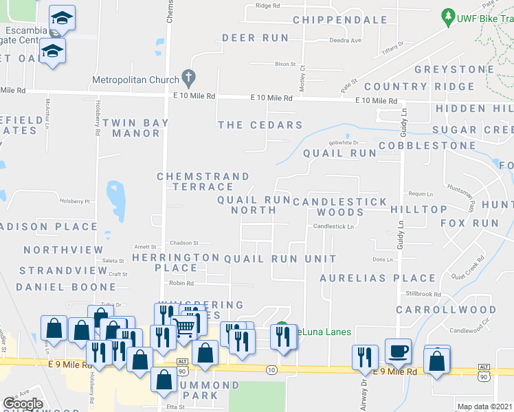 map of restaurants, bars, coffee shops, grocery stores, and more near 598 Bobwhite Place in Pensacola