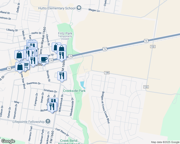 map of restaurants, bars, coffee shops, grocery stores, and more near 350 County Road 199 in Hutto