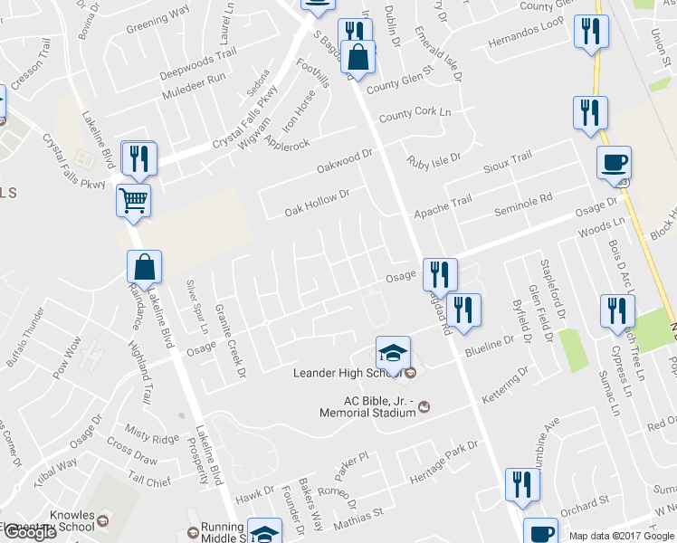 map of restaurants, bars, coffee shops, grocery stores, and more near 2502 Lost Mine Tr in Leander