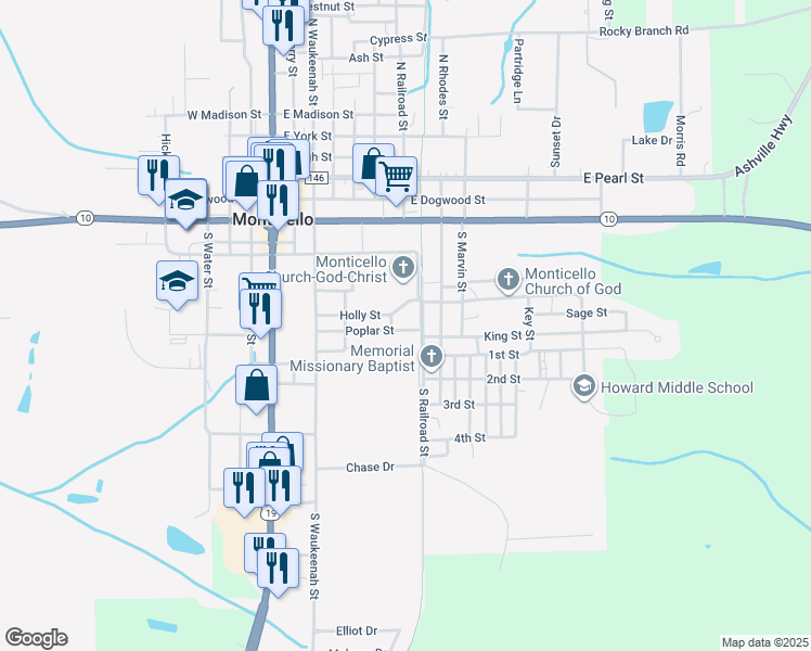 map of restaurants, bars, coffee shops, grocery stores, and more near 660 Poplar Street in Monticello