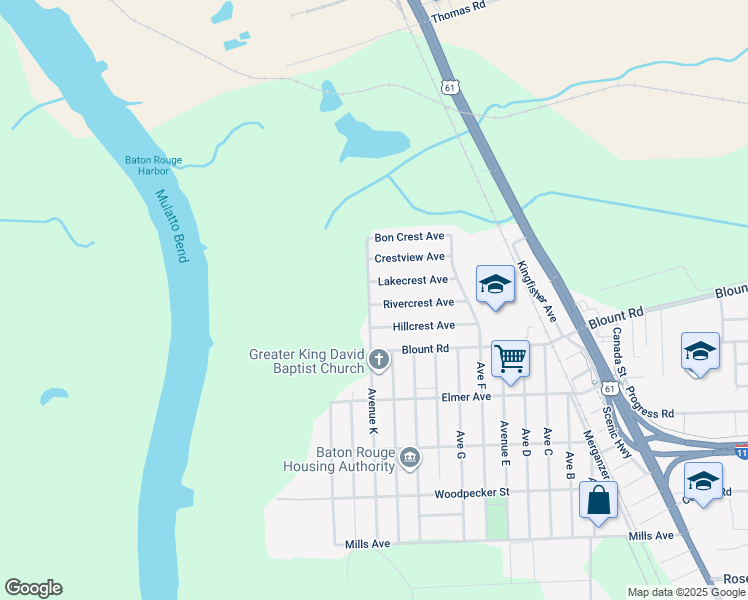 map of restaurants, bars, coffee shops, grocery stores, and more near 205 Rivercrest Avenue in Baton Rouge