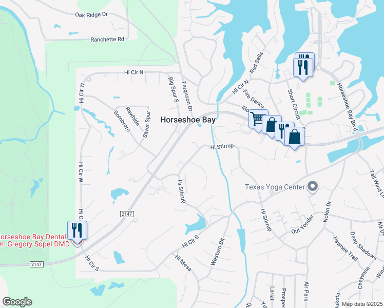 map of restaurants, bars, coffee shops, grocery stores, and more near 1008 Hi Stirrup in Horseshoe Bay