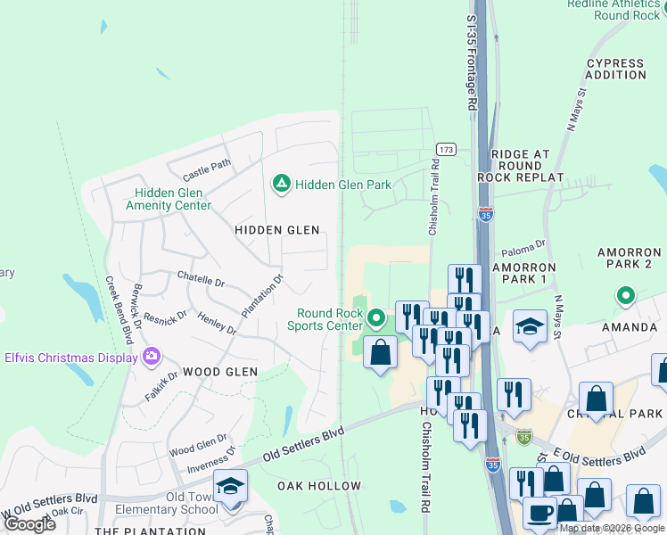 map of restaurants, bars, coffee shops, grocery stores, and more near 2836 Plantation Drive in Round Rock