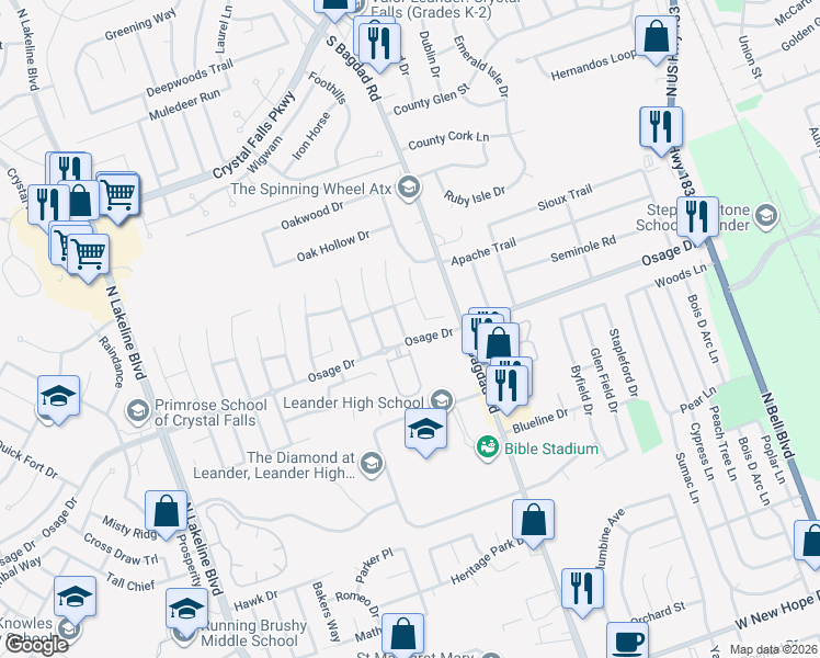 map of restaurants, bars, coffee shops, grocery stores, and more near 1001 Osage Drive in Leander