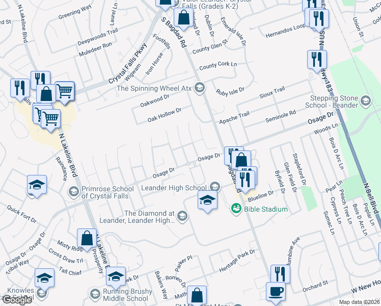 map of restaurants, bars, coffee shops, grocery stores, and more near 1001 Osage Drive in Leander