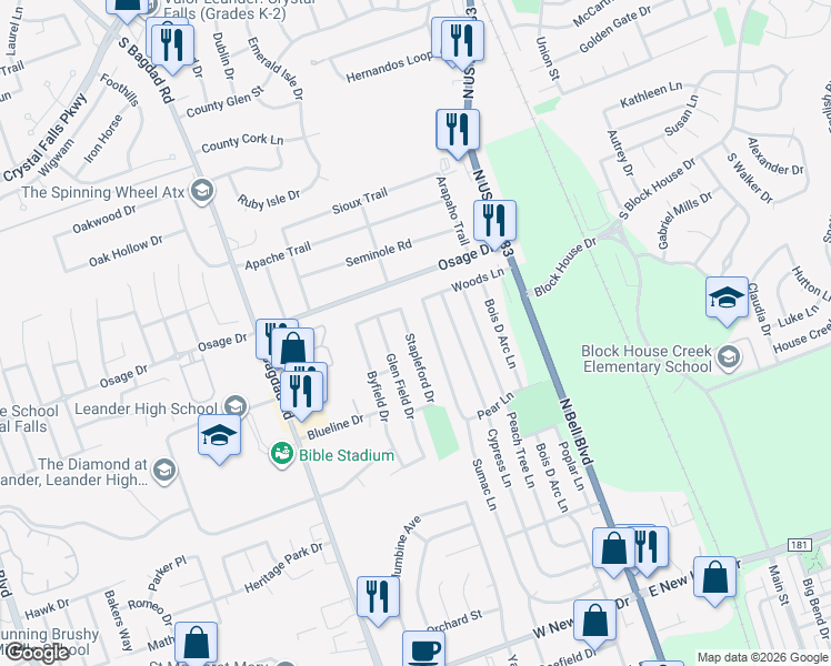 map of restaurants, bars, coffee shops, grocery stores, and more near 2609 Sumac Lane in Cedar Park