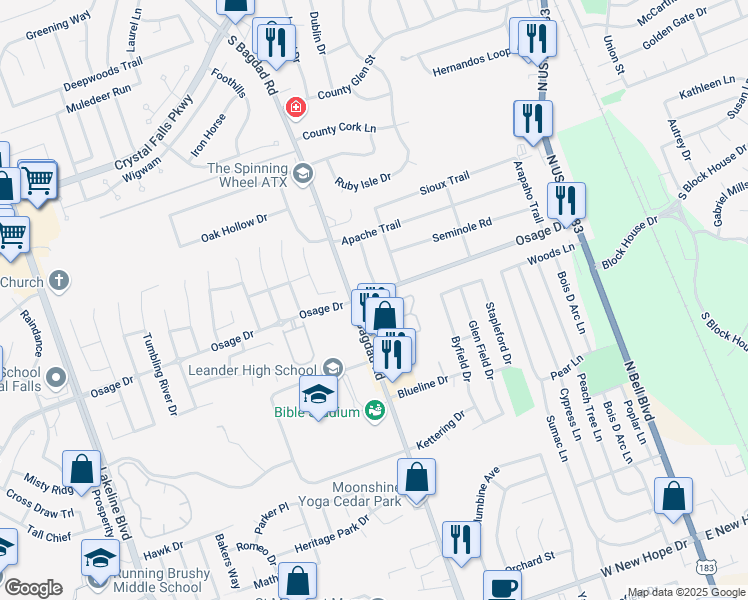 map of restaurants, bars, coffee shops, grocery stores, and more near 804 Osage Drive in Leander