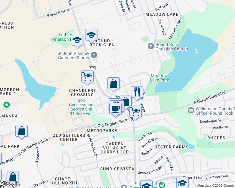 map of restaurants, bars, coffee shops, grocery stores, and more near 901 Wilderness Path in Round Rock