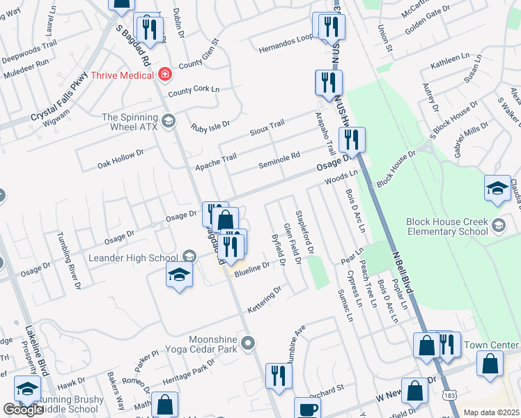 map of restaurants, bars, coffee shops, grocery stores, and more near 2625 Byfield Drive in Cedar Park