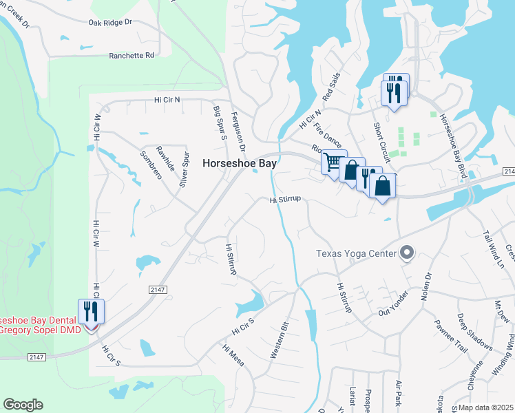 map of restaurants, bars, coffee shops, grocery stores, and more near 1001 Hi Stirrup in Horseshoe Bay