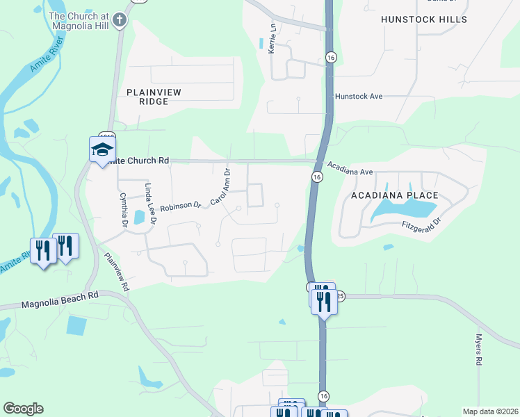map of restaurants, bars, coffee shops, grocery stores, and more near 32636 Wonderland Drive in Denham Springs