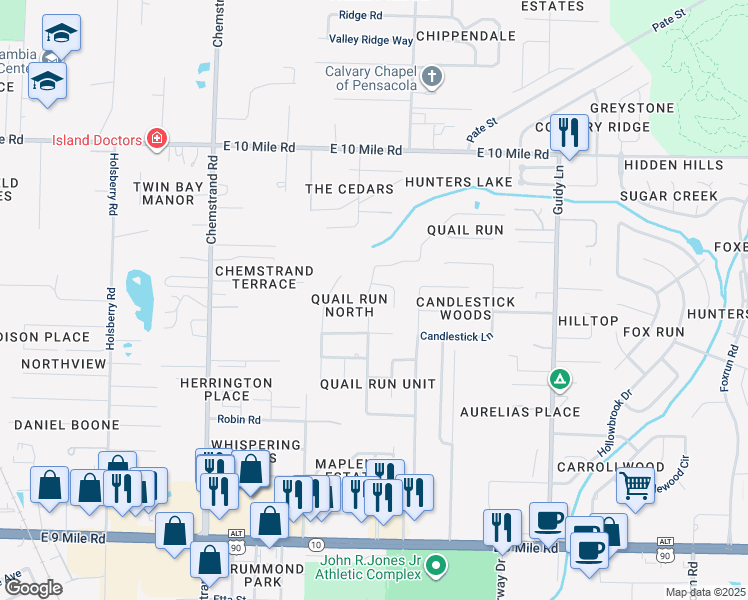 map of restaurants, bars, coffee shops, grocery stores, and more near 408 Bobwhite Drive in Pensacola