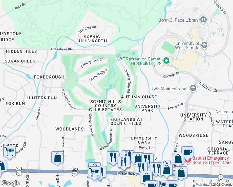 map of restaurants, bars, coffee shops, grocery stores, and more near 8829 Meadowbrook Drive in Pensacola
