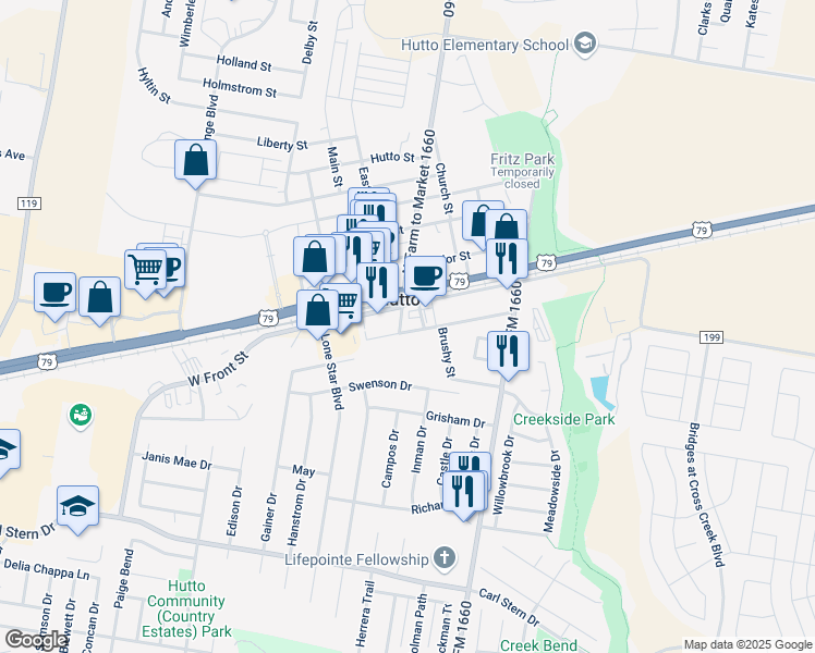 map of restaurants, bars, coffee shops, grocery stores, and more near 107 East Austin Avenue in Hutto
