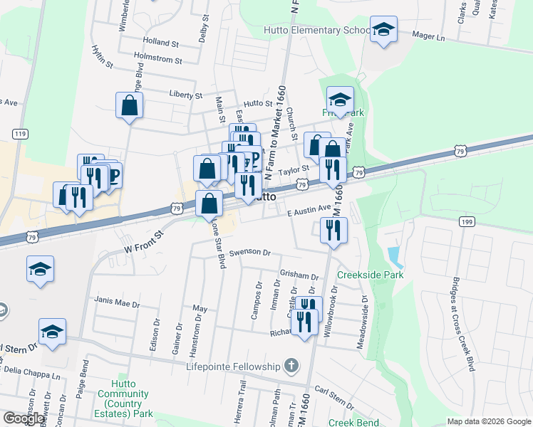map of restaurants, bars, coffee shops, grocery stores, and more near 104 Jim Cage Lane in Hutto