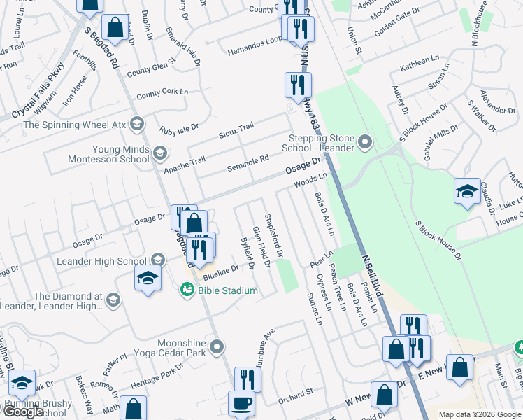 map of restaurants, bars, coffee shops, grocery stores, and more near 2617 Stapleford Drive in Cedar Park