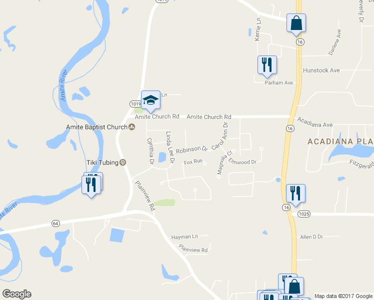 map of restaurants, bars, coffee shops, grocery stores, and more near 7366 Robinson Drive in Denham Springs