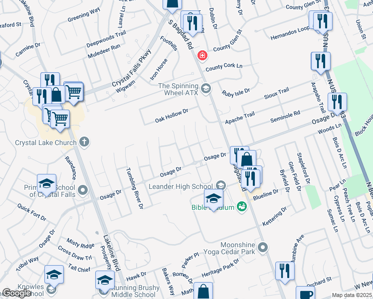map of restaurants, bars, coffee shops, grocery stores, and more near 2502 Lost Mine Tr in Leander