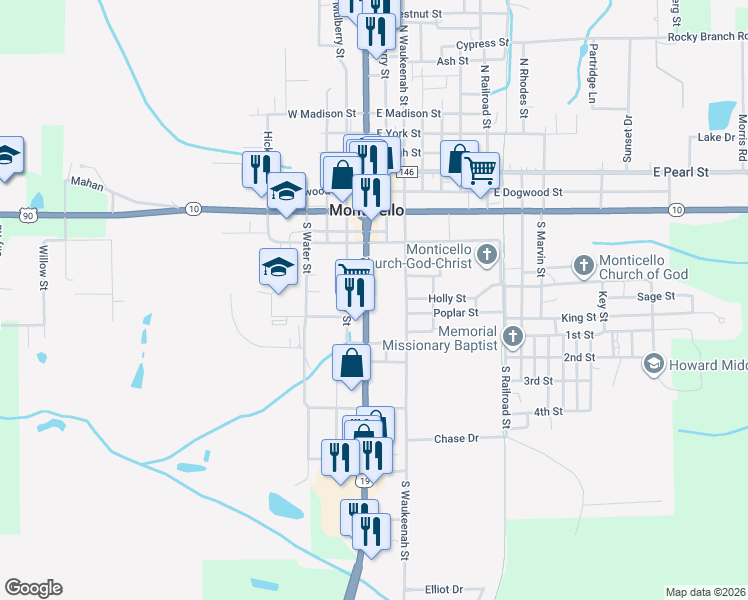 map of restaurants, bars, coffee shops, grocery stores, and more near 500 South Jefferson Street in Monticello