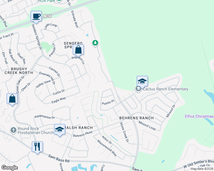 map of restaurants, bars, coffee shops, grocery stores, and more near 3265 Goldenoak Circle in Round Rock