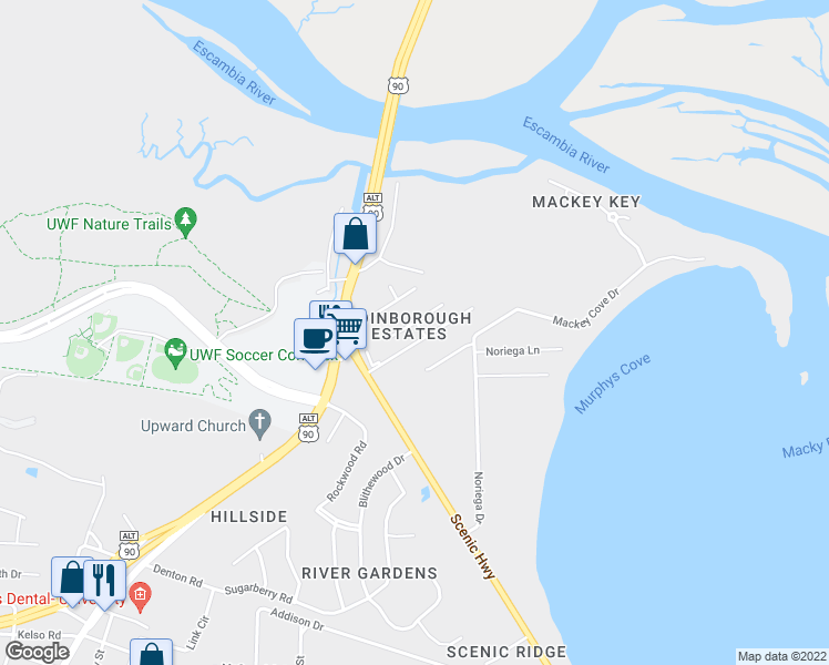 map of restaurants, bars, coffee shops, grocery stores, and more near 3419 Edinborough Court in Pensacola