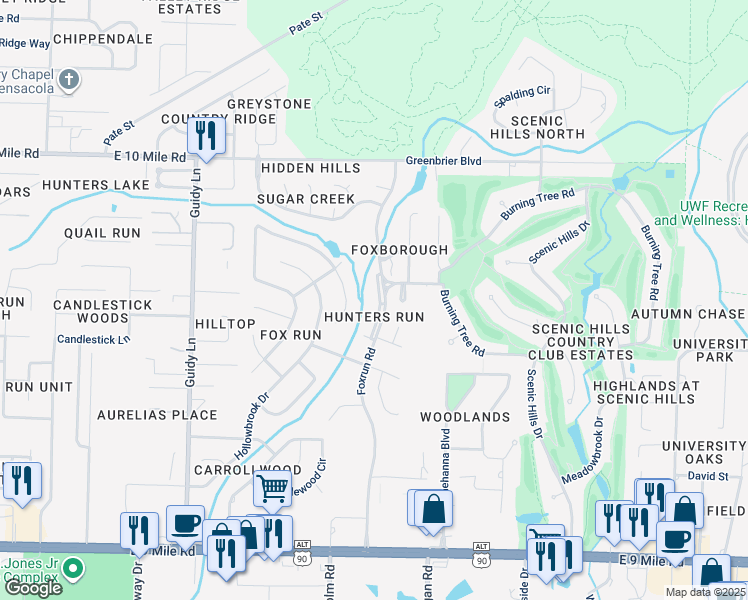 map of restaurants, bars, coffee shops, grocery stores, and more near 10039 Foxrun Road in Pensacola
