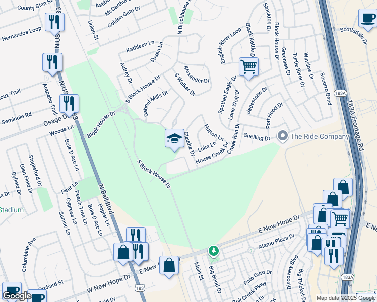 map of restaurants, bars, coffee shops, grocery stores, and more near 2503 Claudia Drive in Leander