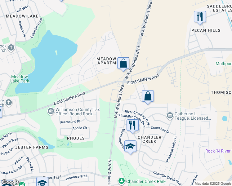 map of restaurants, bars, coffee shops, grocery stores, and more near 2744 North A.W. Grimes Boulevard in Round Rock
