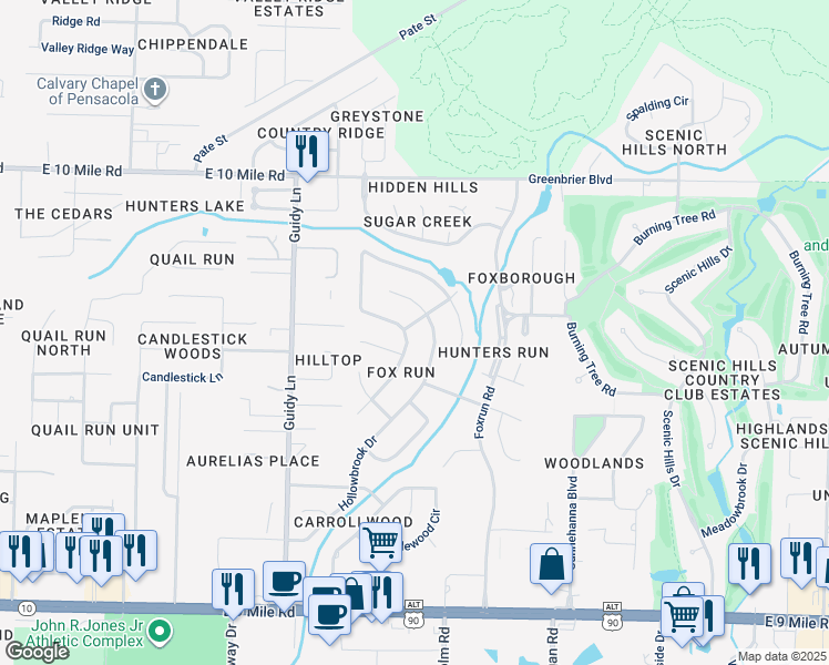 map of restaurants, bars, coffee shops, grocery stores, and more near 1151 Stone Bridge Road in Pensacola