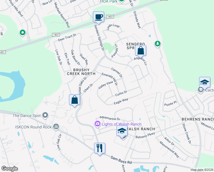 map of restaurants, bars, coffee shops, grocery stores, and more near 2702 Valley View Cove in Round Rock